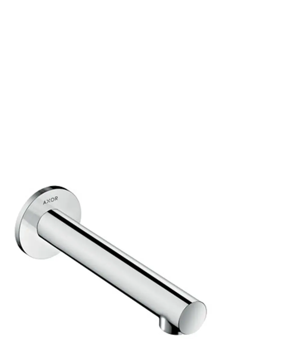 Wandmontierter Wasserhahn in chrom, Teil der AXOR-Serie, mit gerader Auslaufform und schmalem Design für den Einbau in Badezimmer oder Wellnessbereich.